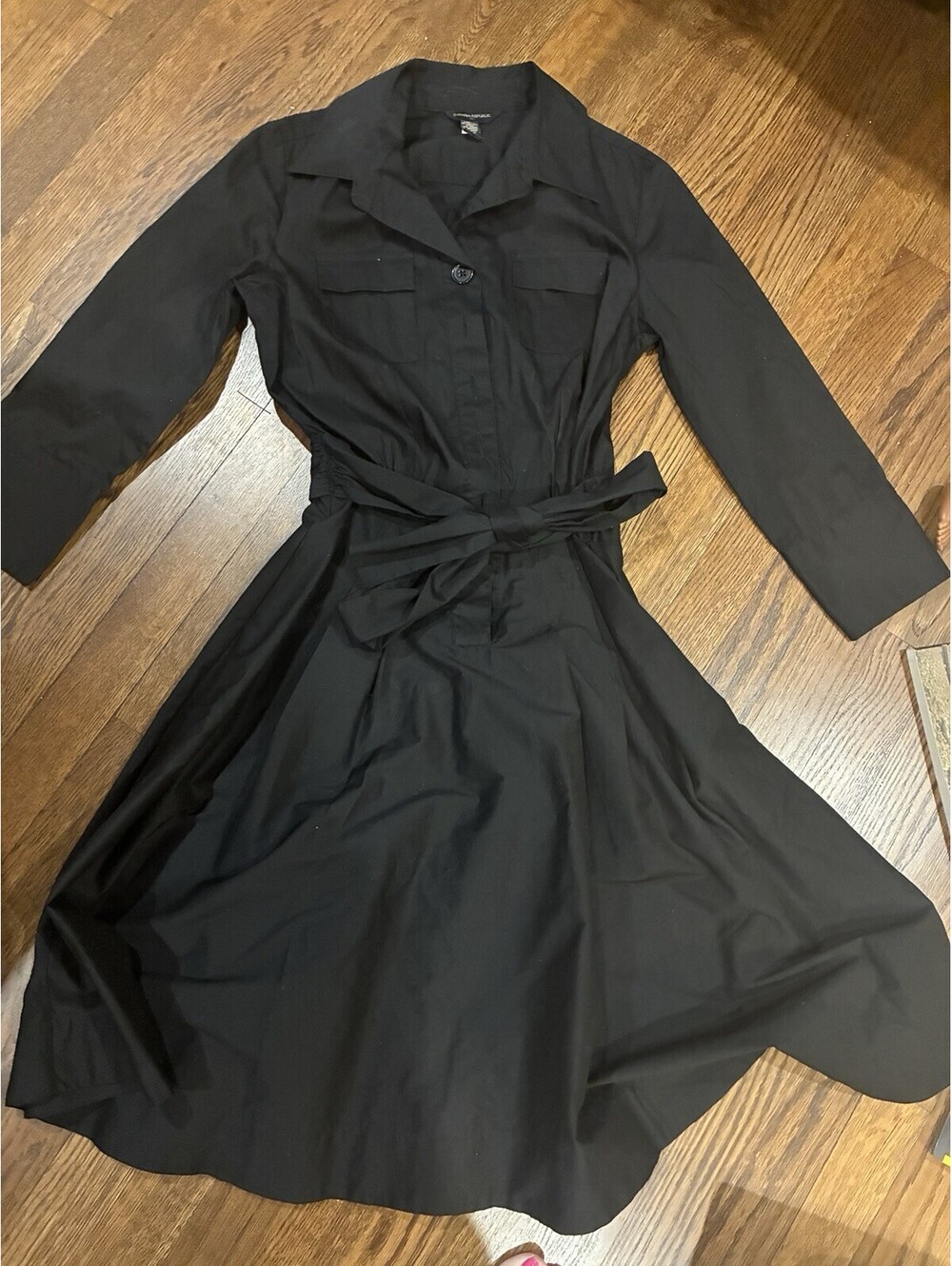 Banana Republic Black Stretch Shirt Dress Belted Tie Button Front Size 0